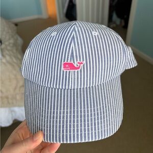 Vineyard Vines Blue & White Stripe Hat with Pink Whale Logo